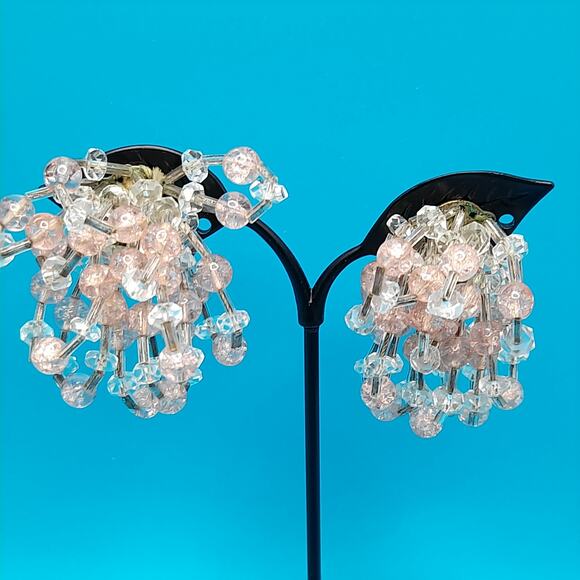 Vintage Pink Clear Waterfall Clip Earrings, Hand-Threaded, 1940s, 2" - Picture 1 of 12